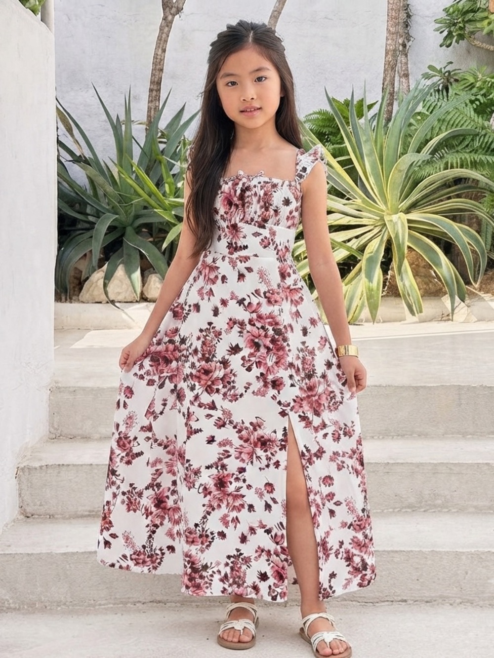 Tween Girl Ditsy Floral Maxi Dress High Split Ruffle Open Back Vacation White